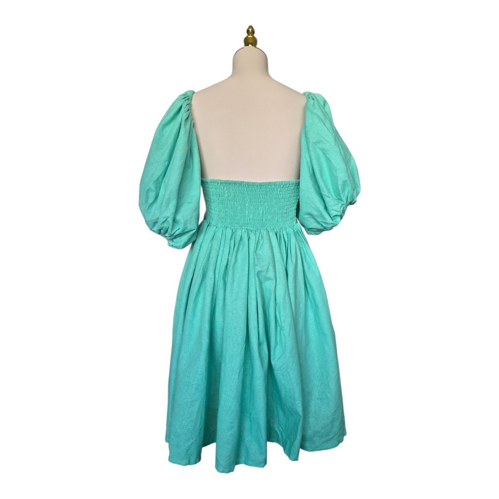 ELF Handmade 100% Linen Dress Puff Sleeve Babydoll Mint Green Bali Artisan NWT - Picture 2 of 8